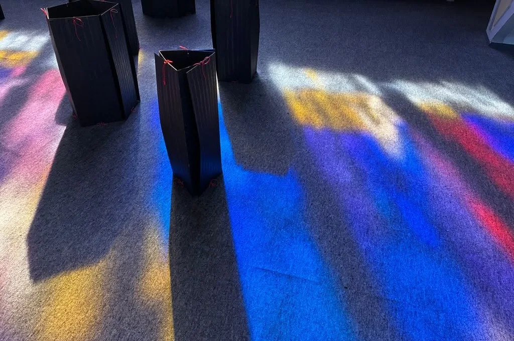 Schwarze gefaltete Gefäße im farbigen Licht der Kirchenfenster, Oranier-Gedächtniskirche